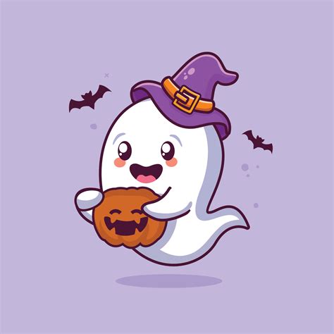 Cute halloween ghost holding pumpkin cartoon illustration 3532785 ...