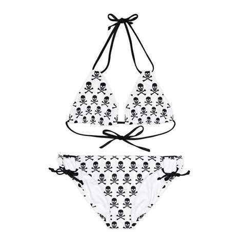 Gothic Strappy Bikini Set Alternative Swimming Suit Black White Skulls Triangle Bikini Goth
