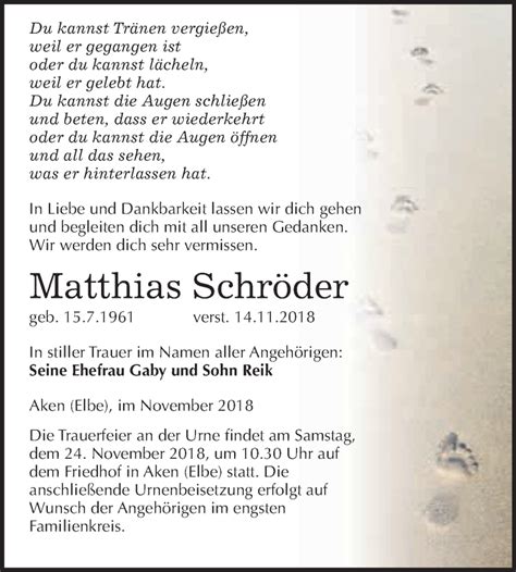 Traueranzeigen Von Matthias Schr Der Abschied Nehmen De