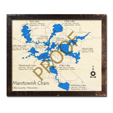 Manitowish Chain Of Lakes Wi Wood Map 3d Nautical Wood Charts