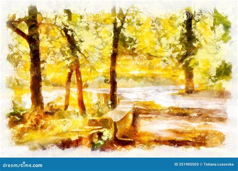 Watercolor Painting Landscape With Trees In Park Modern Digital Art