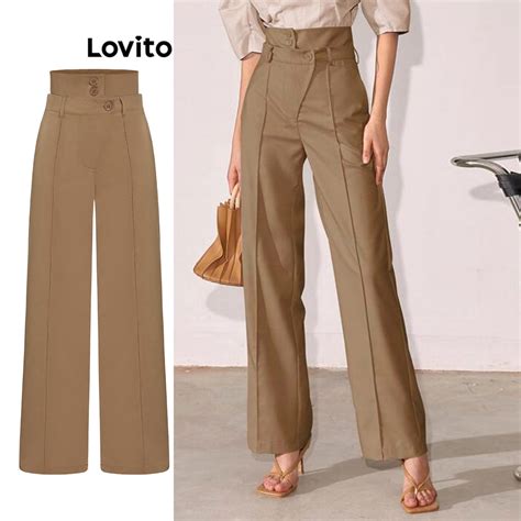 Lovito Elegant Plain Double Button Pocket Pants For Women L Ed