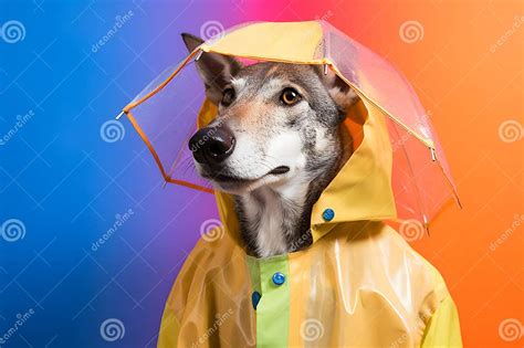 Portrait Of A Coyote Or Wolf Wearing A Raincoat And An Umbrella In