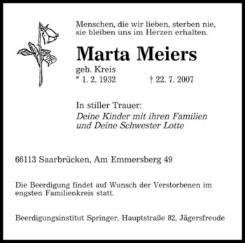 Traueranzeigen Von Marta Meiers Saarbruecker Zeitung Trauer De