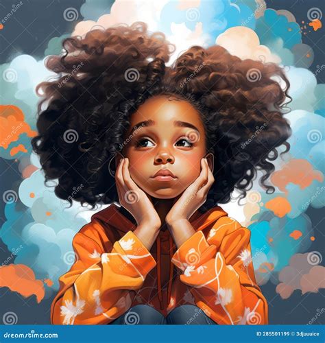 Black Girl In Thinking And Doubts Pose Cartoon Illustration Stock