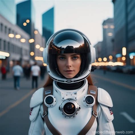 Drone Captures Future City Woman In Astronaut Helmet Stable Diffusion