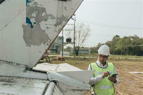 Aircraft mechanic examining airplane wing 21734694 Stock Photo at Vecteezy