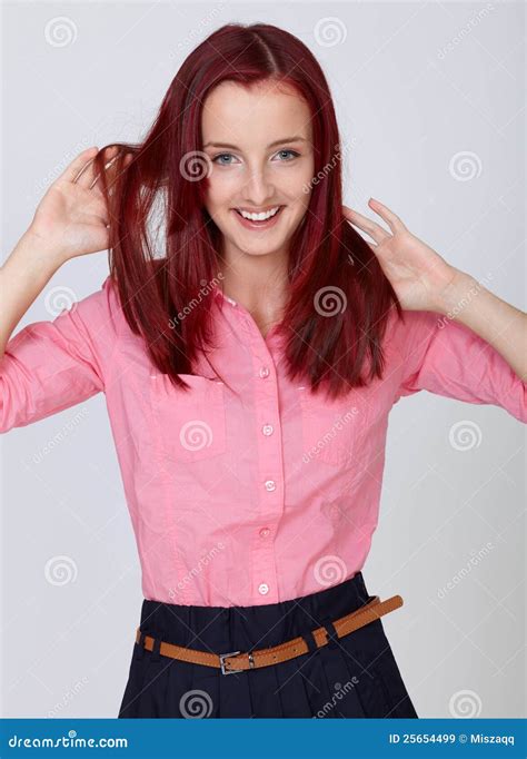 Young Attractive Redhead Female In Pink Shirt Stock Image Image Of