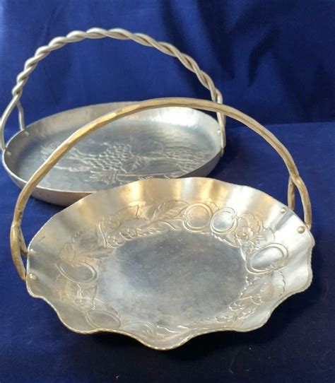 Two Vintage 1950s Hammered Metal Handle Decorative Basket Serving