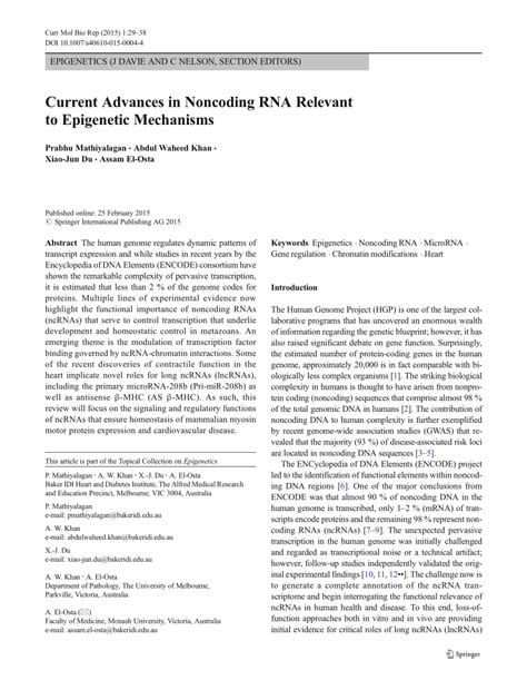 (PDF) Current Advances in Noncoding RNA Relevant to Epigenetic Mechanisms