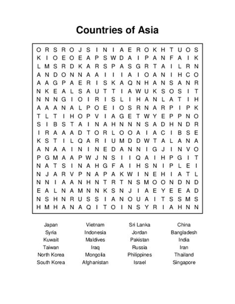 Countries Of Asia Word Search