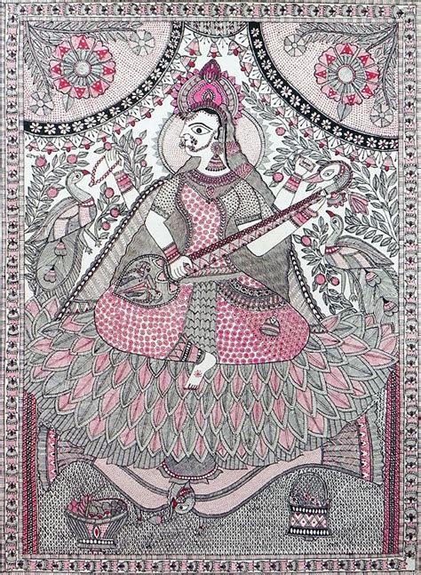 Saraswati Goddess Of Music And Knowledge Madhubani Painting Indian