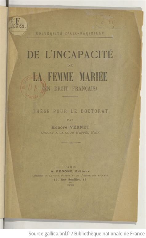 De L Incapacit De La Femme Mari E En Droit Fran Ais Th Se Pour Le