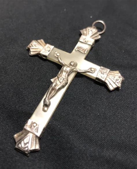 Ancien Crucifix Croix Pectorale Jesus Christ Nacre Argent Cm