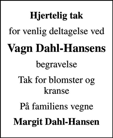 Vagn Dahl Hansen Dødsannoncer i Danmark