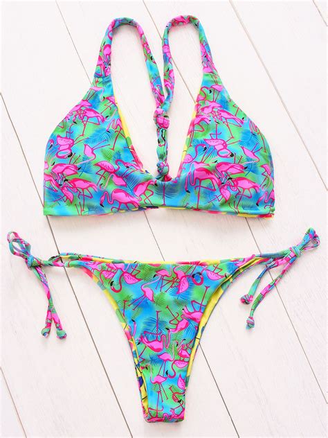 Blue Flamingo Print High Waist Bikini Set Us In Bikinis