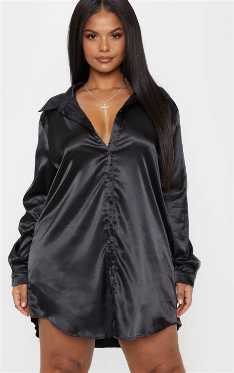 Plus Black Satin Button Front Shirt Dress Plus Size