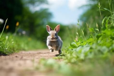 Premium Ai Image A Rabbit Running Down A Dirt Road In The Grass