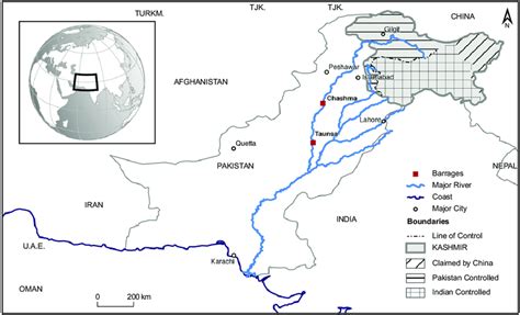 Location map showing the Indus River and major left bank tributaries ...