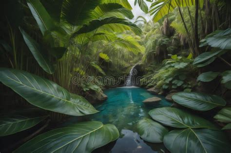 Tropical Waterfall Surrounded By Lush Vegetation In The Rainforest