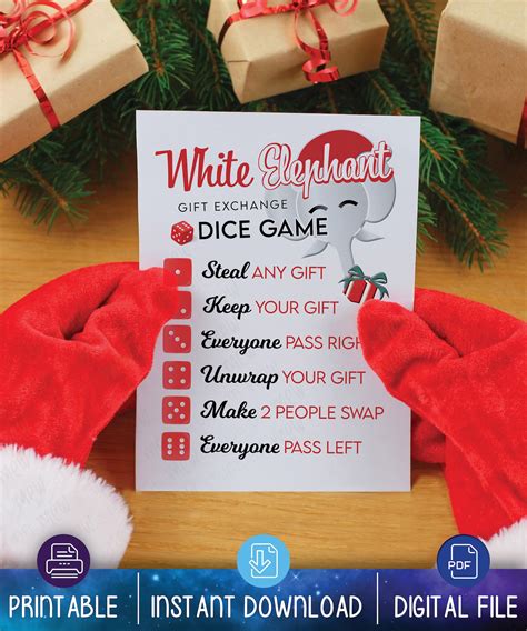 Printable White Elephant Dice Game Gift Exchange Rules Secret Santa