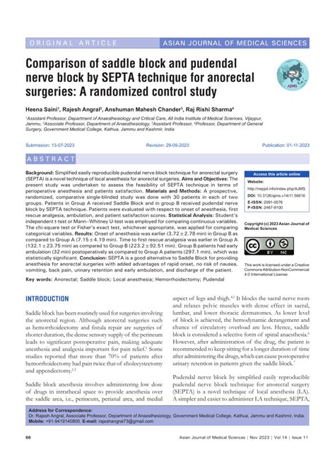 Pdf Comparison Of Saddle Block And Pudendal Nerve Block By Septa