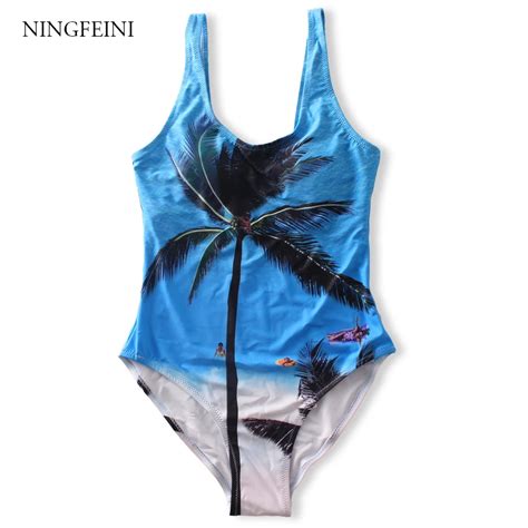 Ningfeini New Sexy Backless One Piece Swimsuit Women Print Coconut Tree