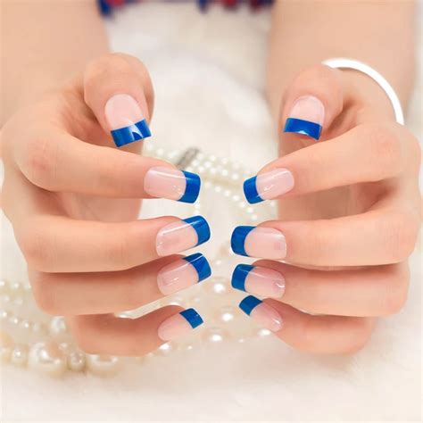 Yunai French Fake Nail Natural Blue 24pcs Short Full Cover Simple