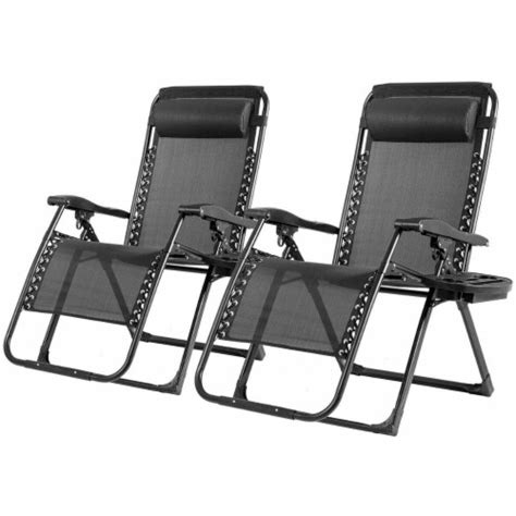 2PCS Folding Zero Gravity Lounge Chair Recliner W Cup Holder Pillow