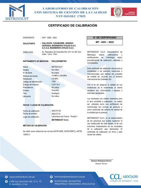 Certificado De Calibracion EsclerÓmetro Pdf Calibración Metrología