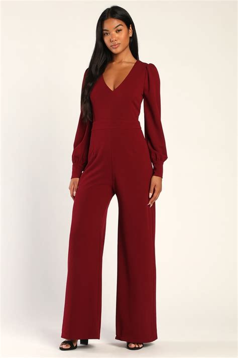 Burgundy Jumpsuit Wide Leg Jumpsuit V Neck Jumpsuit Lulus