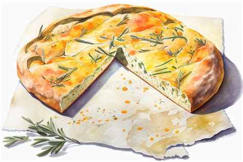 Focaccia Italian Bread Ai Generative Watercolour Illustration Stock