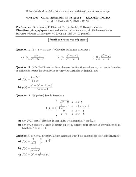 Examen 19 Février 2015 questions Universite de Montreal D