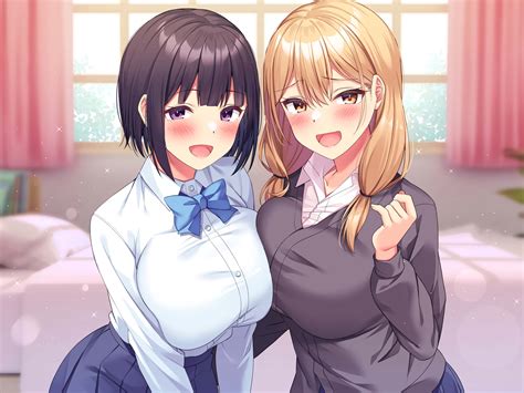 2girls Black Hair Blonde Hair Blush Breasts Long Hair Original Purple Eyes School Uniform Short