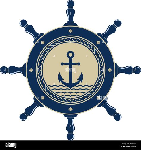 Nautical Steering Wheel Symbol With Anchor And Rope In Marine Blue And