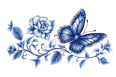 Blue Butterfly And Rose Floral Design Stock Illustration Illustration