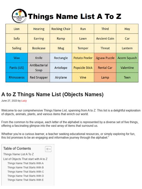 A To Z Things Name List Objects Names Vocabulary Point Pdf