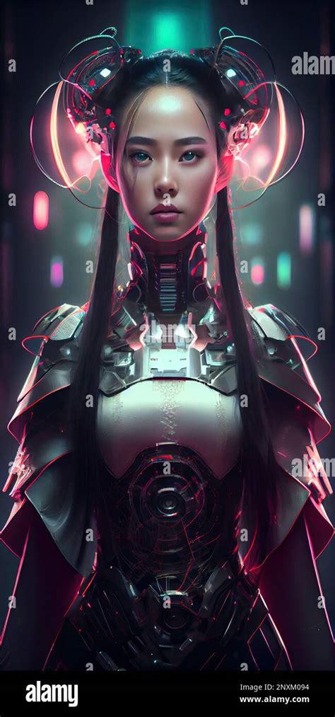 Oriental Cyberpunk Female Hightech Warrior In Metal Armor Futuristic