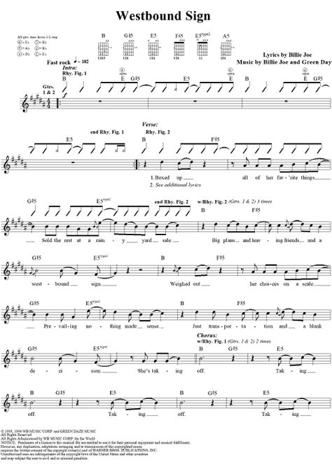 Westbound Sign" Sheet Music by Green Day for Guitar Tab/Vocal - Sheet ...