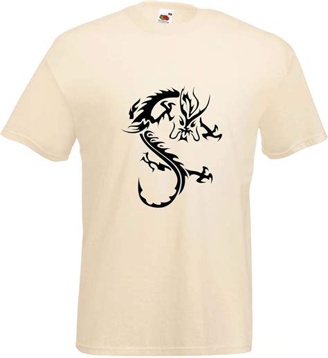 T Shirt Für Herren Unisex Mit Drachen Motiv Stilisiert Tribal Drachen Gr L Natur Amazon