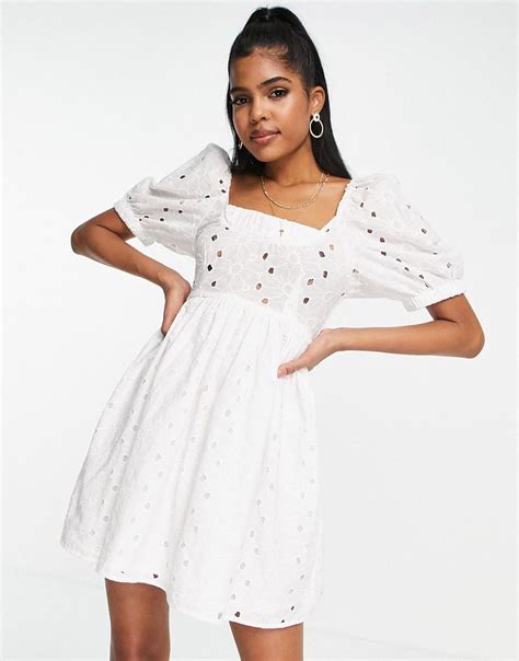 Asos Design Broderie Mini Smock Dress With Shirred Back In White Asos