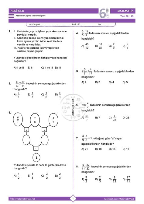 S N F Kesirlerle Arpma Ve B Lme Lemi Testi Pdf Ndir Matematik