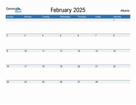 Editable February 2025 Calendar with Albania Holidays