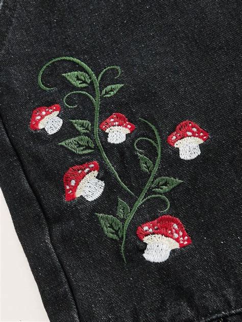 Romwe Fairycore Mushroom Embroidery Ruffle Trim Denim Dungaree Romper