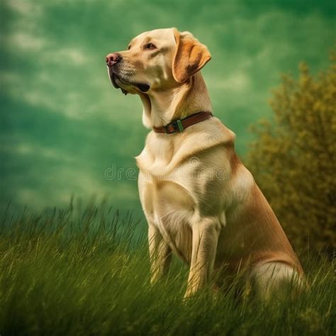 Labrador Retriever Sitting On The Green Meadow In Summer Labrador