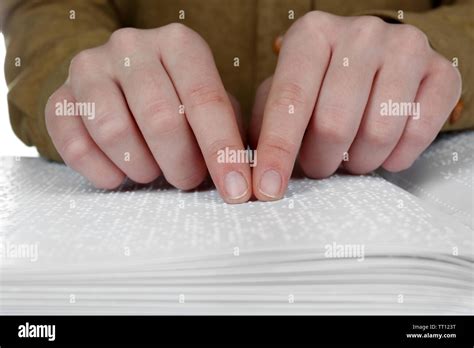 Blind Woman Read Book Written In Braille Stock Photo Alamy