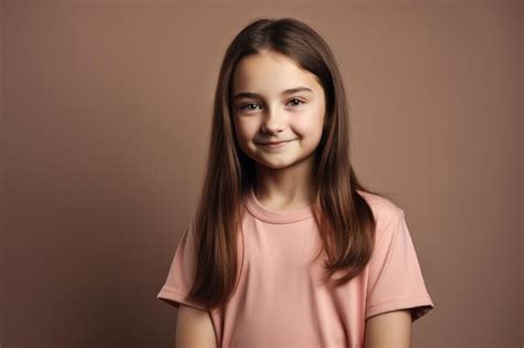 Premium Ai Image Portrait Of A Girl With Long Brown Hair In A Pink Shirt On A Brown Background