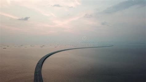 Aerial Traffic Car Moving At Penang Second Bridge During Sunset Hour