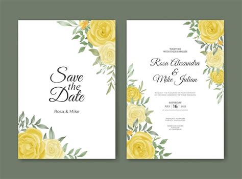 Plantilla De Invitación De Boda Con Acuarela De Flor Rosa Amarilla Vector Premium