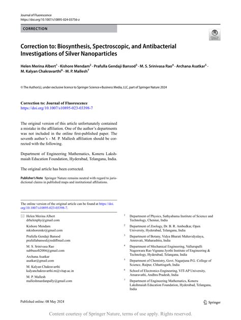 Correction To Biosynthesis Spectroscopic And Antibacterial Investigations Of Silver